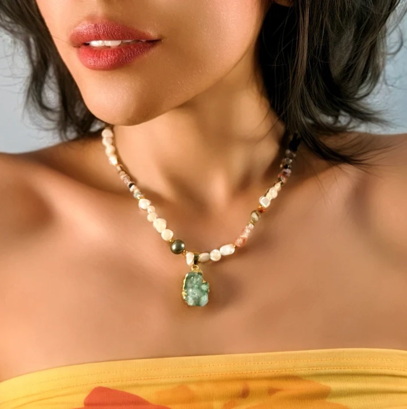 Crystal druzy pearl necklace, worn