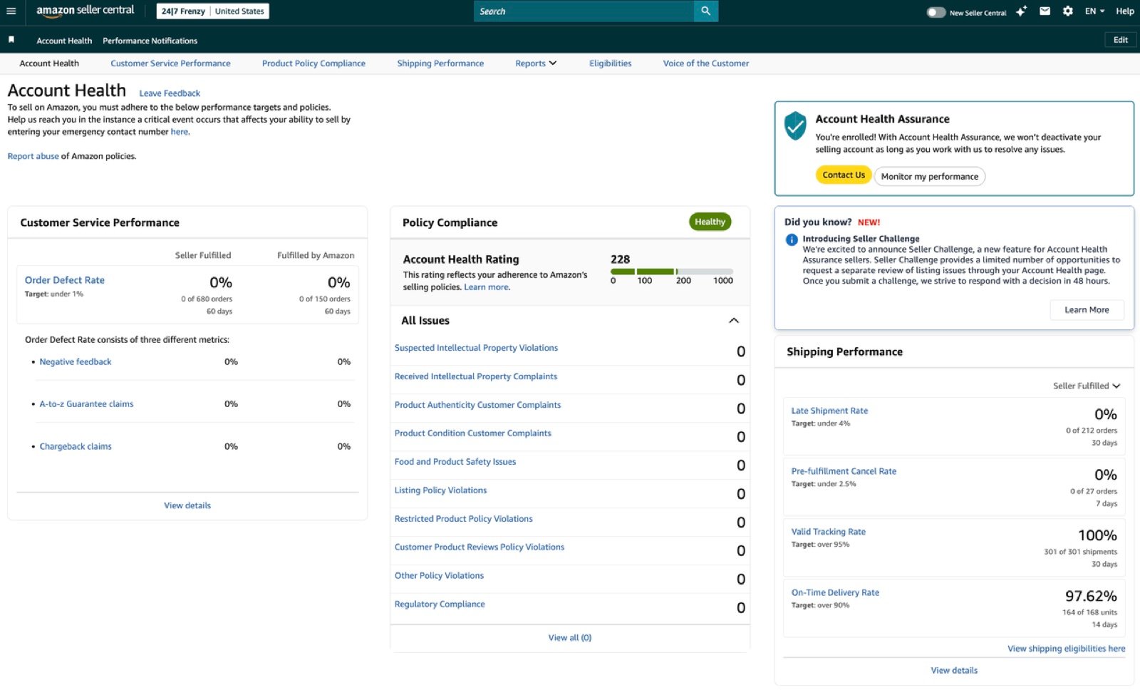 Amazon account health page