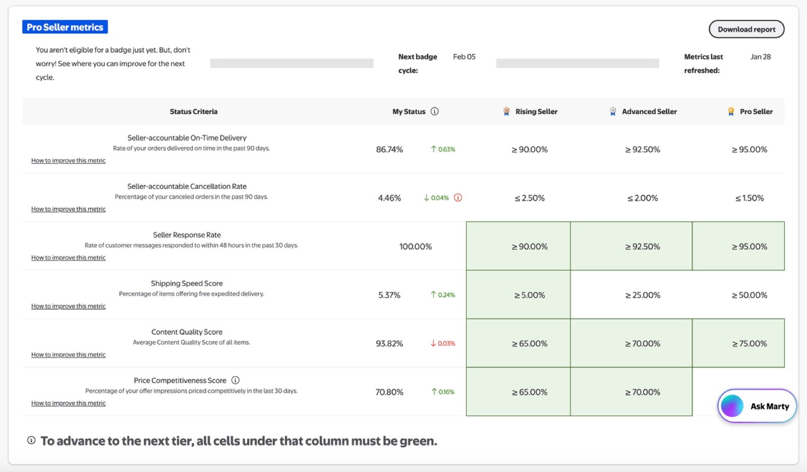 Walmart Pro Seller metrics